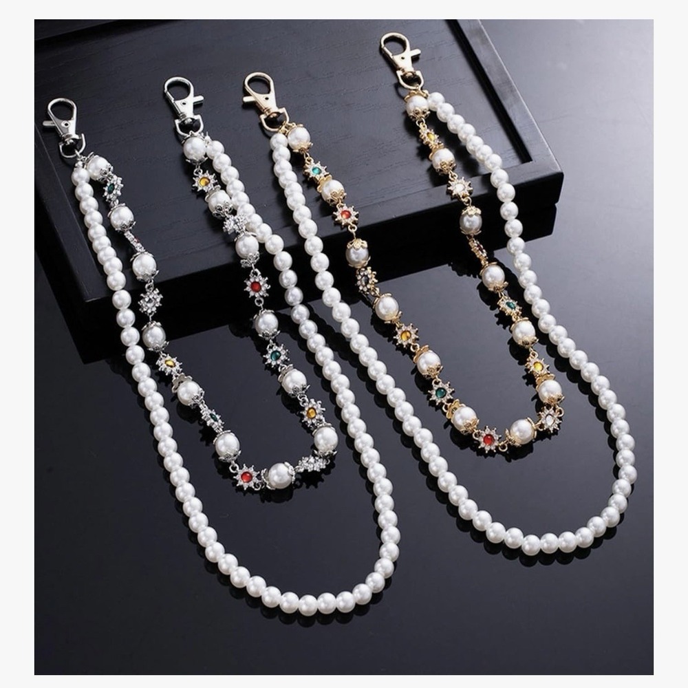 2 Pcs Wallet Chain Pants For Womens And Mens Rhinestone Flowers Pearls